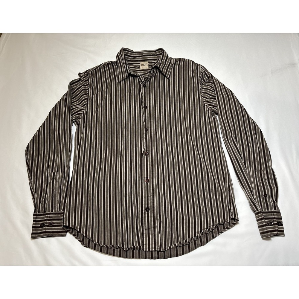 BKE Contour Men's Medium Striped Brown White Long Sleeve Button Up Shirt
